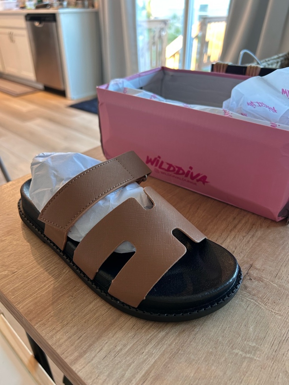Wild Diva Brown Velcro Slide Sandals